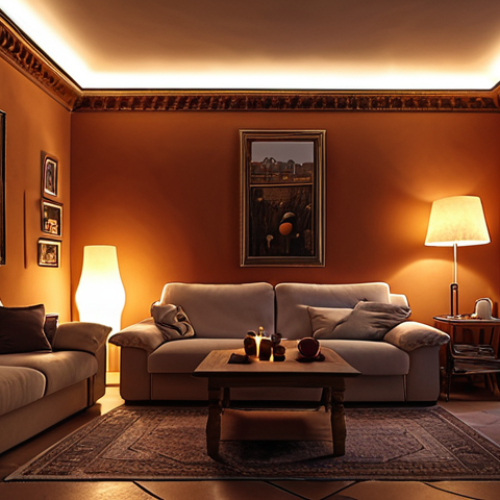 Home 11 **A cozy Italian living room at night, illuminated by warm LED lighting. Focus on the energy-efficient bulbs and the relaxed atmosphere created by the soft light.**