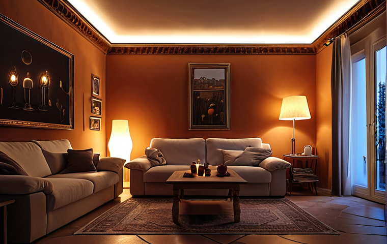 **A cozy Italian living room at night, illuminated by warm LED lighting. Focus on the energy-efficient bulbs and the relaxed atmosphere created by the soft light.**