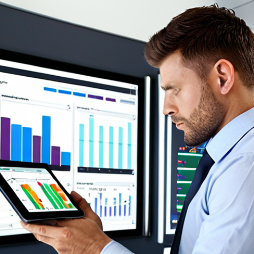 Home 6 **
"An energy manager in a building, reviewing building automation system data on a tablet, with graphs and charts showing energy consumption. Focus on efficiency and data analysis. Modern office setting."
**