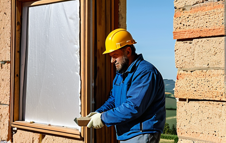 에너지 효율화 기술의 지역별 사례 - Home Insulation**
"A fully clothed construction worker installing insulation panels on the exterior...
