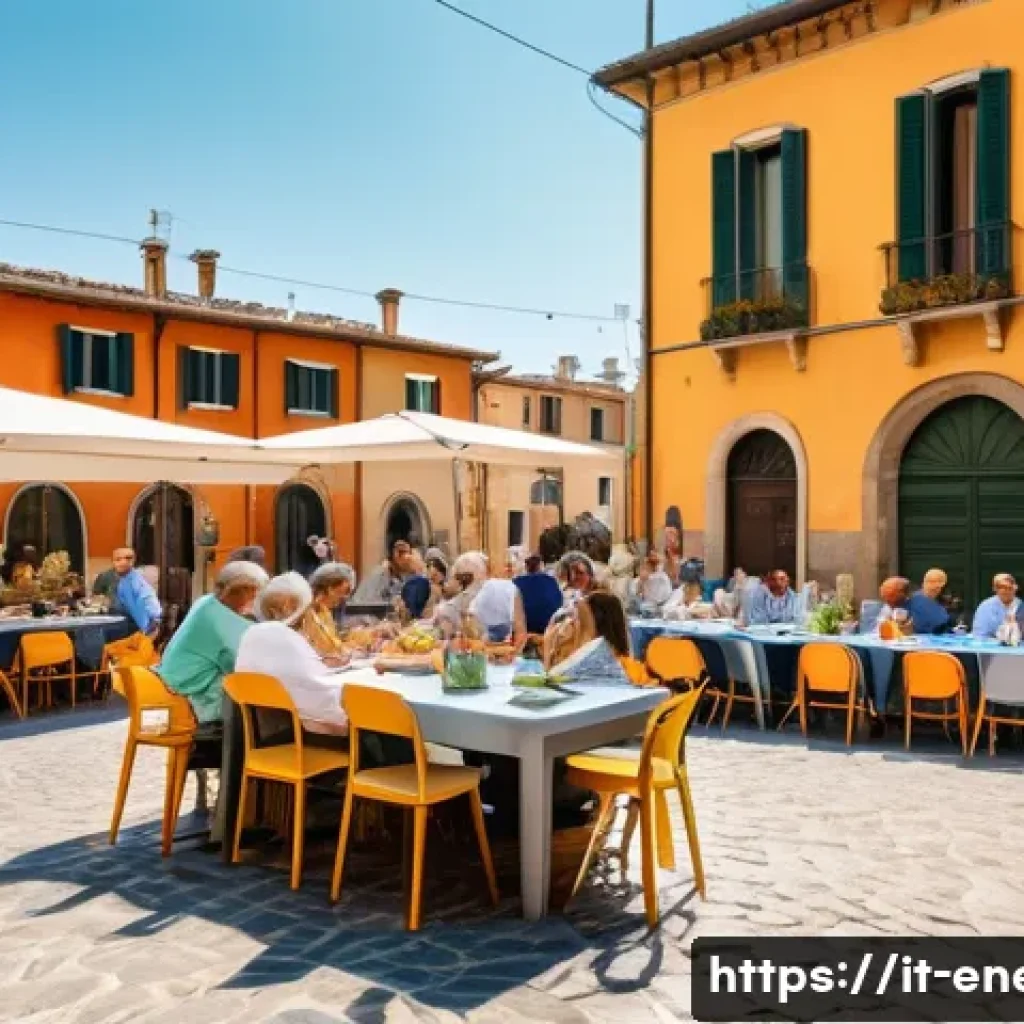 에너지 절약 캠페인 사례 분석 - A vibrant neighborhood workshop scene in a sunny Italian piazza, showing diverse groups of neighbors...