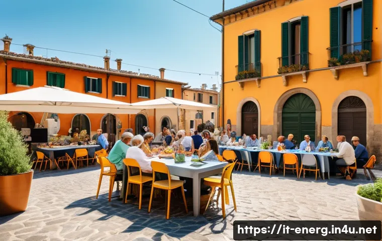 에너지 절약 캠페인 사례 분석 - A vibrant neighborhood workshop scene in a sunny Italian piazza, showing diverse groups of neighbors...