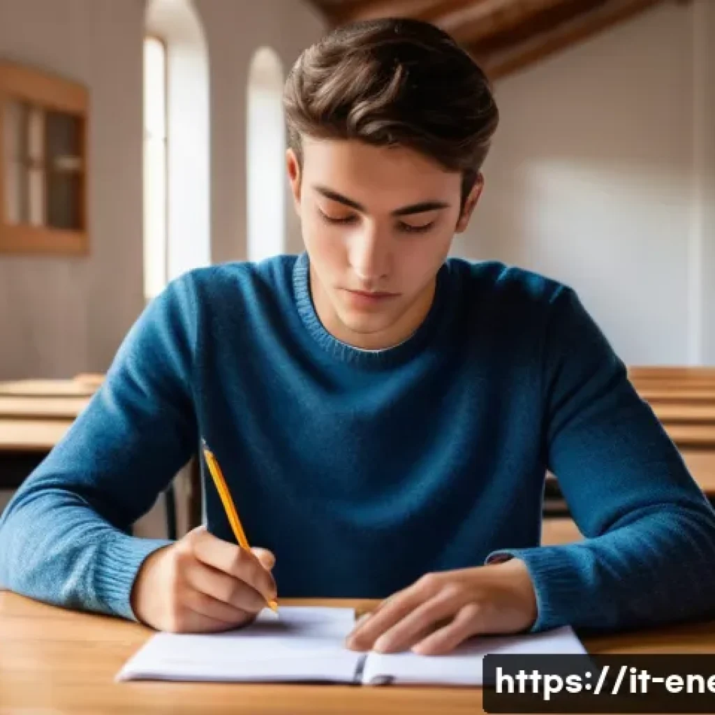 에너지관리 자격증 시험장에서 주의할 점 - A calm and focused young adult student sitting at a wooden desk in a bright, modern classroom in Ita...