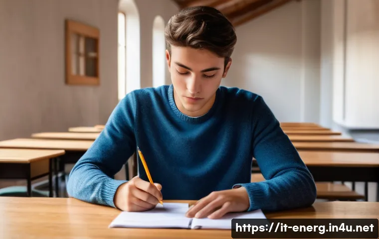 에너지관리 자격증 시험장에서 주의할 점 - A calm and focused young adult student sitting at a wooden desk in a bright, modern classroom in Ita...