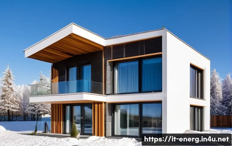 에너지 절약 기술의 현장 적용 - A modern Italian residential building during winter, showcasing advanced thermal insulation material...