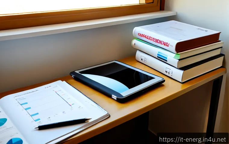 에너지관리 자격증 준비를 위한 추천 교재 - Photorealistic Italian energy management certification study desk, neatly arranged generic technical...